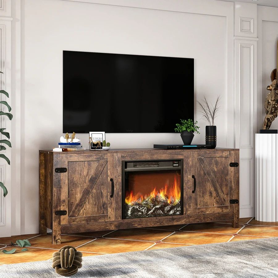 Farmhouse Tv Stand, Fireplace Tv Stand, Wood Entertainment Center Media  Console With Storage,Oak – Tv Stands – Aliexpress Regarding Farmhouse Media Entertainment Centers (View 13 of 15)