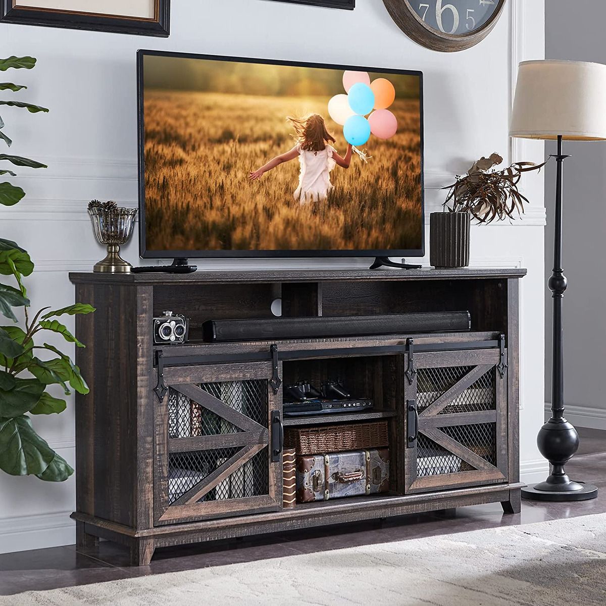Farmhouse Tv Stand For 65+ Inch Tv, Industrial & Farmhouse Media  Entertainment C | Ebay With Regard To Farmhouse Media Entertainment Centers (View 2 of 15)
