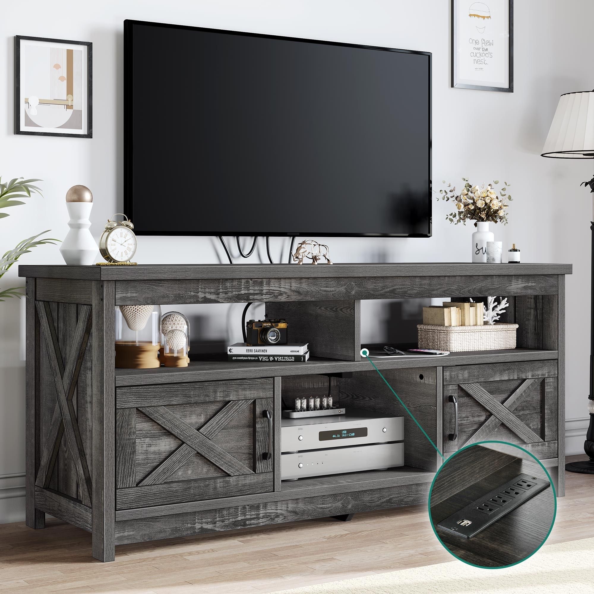 Farmhouse Tv Stand For Up To 65" Tv With Doors And Open Shelves Media  Console Power Outlet – On Sale – Bed Bath & Beyond – 37609334 In Farmhouse Stands With Shelves (View 14 of 15)