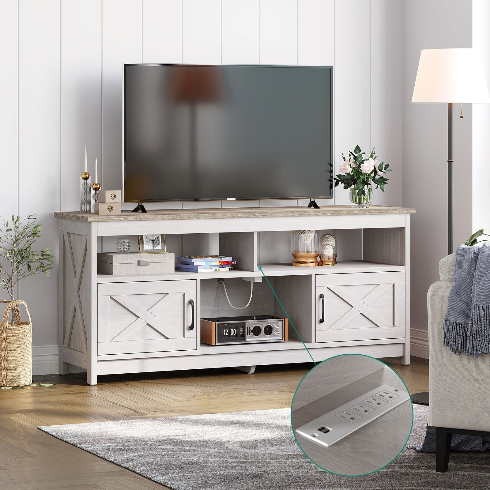Farmhouse Tv Stand For Up To 65" Tv With Doors And Open Shelves Media  Console Power Outlet – On Sale – Bed Bath & Beyond – 37609334 In Farmhouse Stands With Shelves (View 7 of 15)