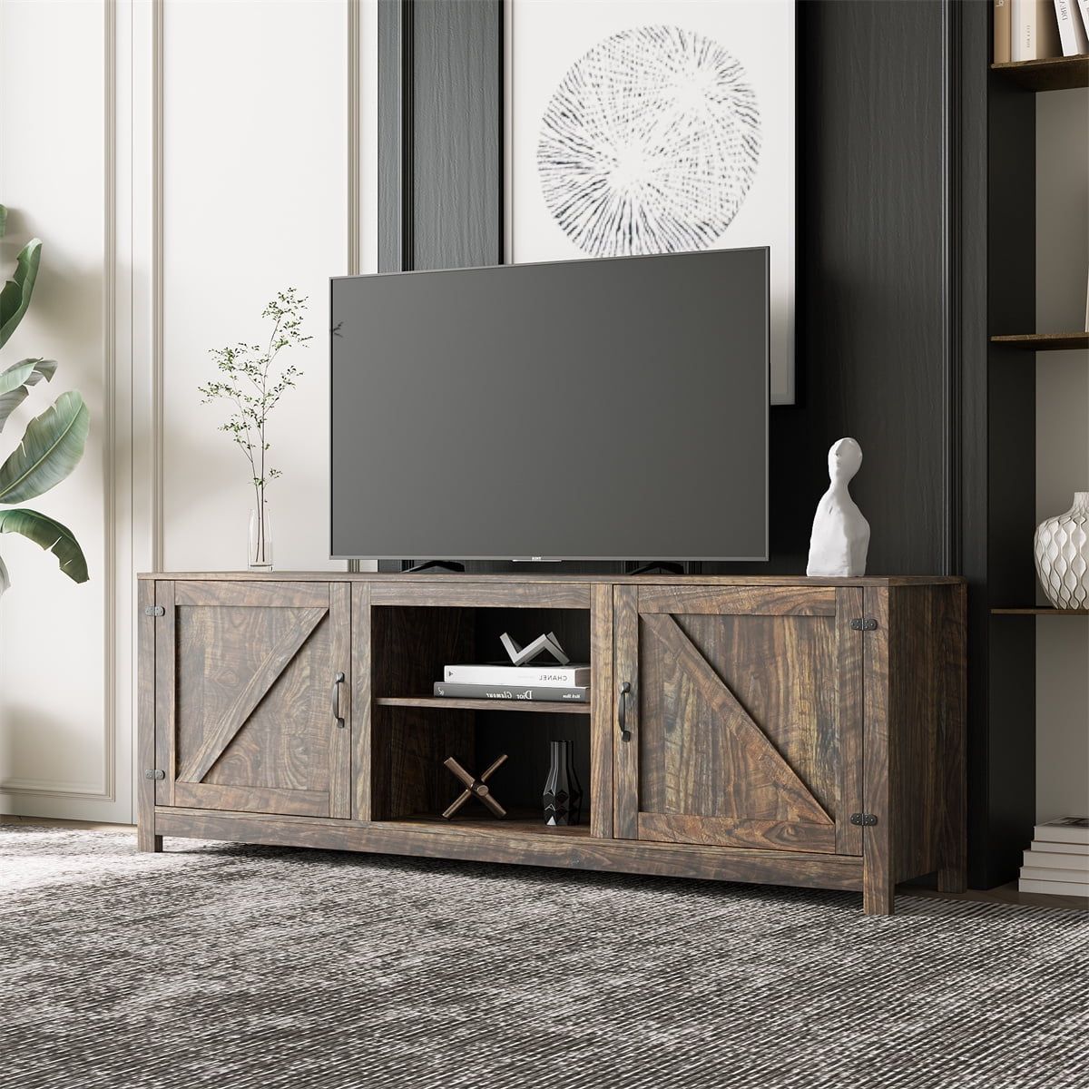 Farmhouse Tv Stand, Modern Tv Stand With 2 Open Shelves And 2 Doors, Wood Entertainment  Center Rustic Tv Stand Media Console Stand For Living Room Bedroom, Walnut  – Walmart Intended For Tv Stands With 2 Doors And 2 Open Shelves (Photo 2 of 15)