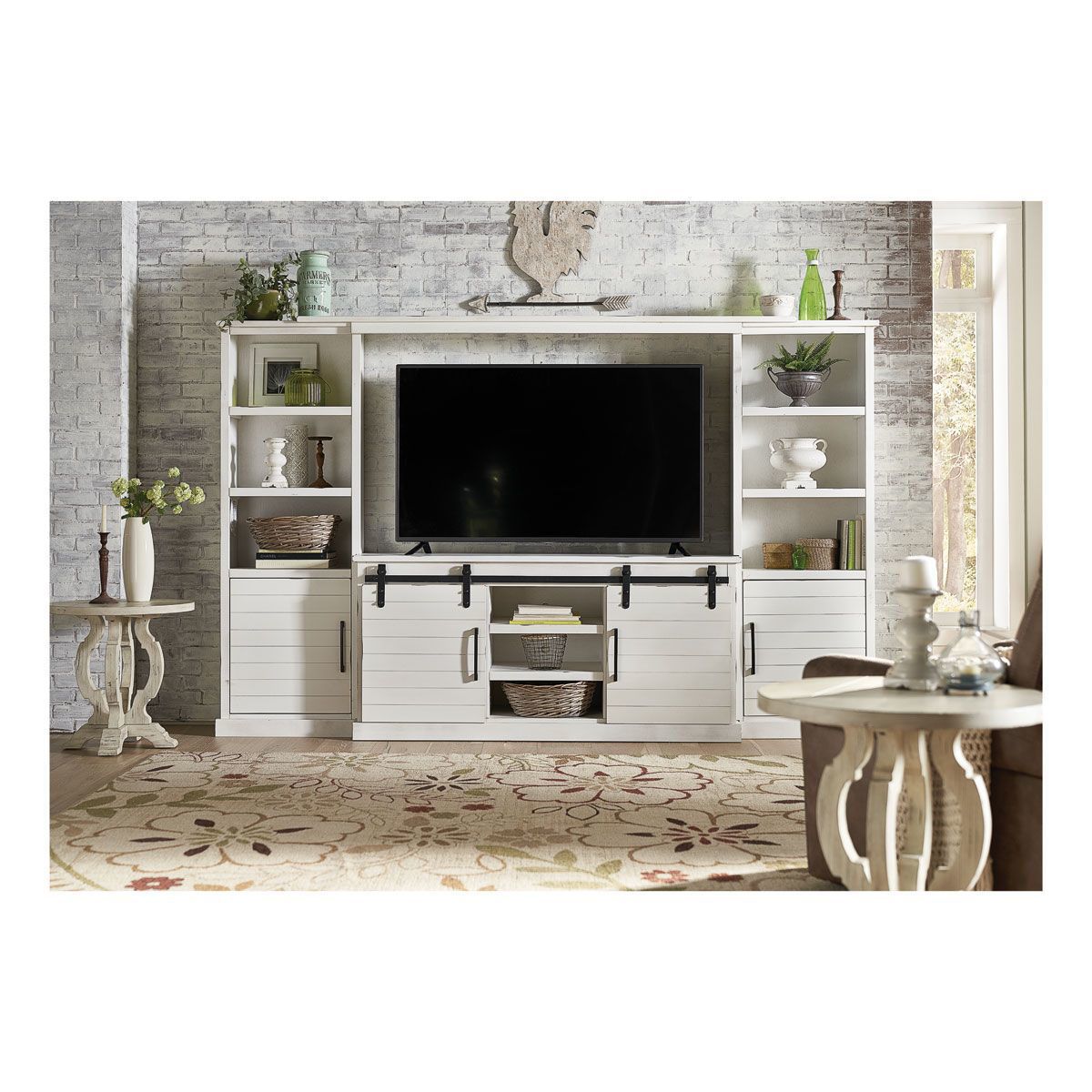 Farmhouse White 4 Piece Entertainment Center | Badcock Home Furniture &More Intended For White Tv Stands Entertainment Center (View 9 of 15)