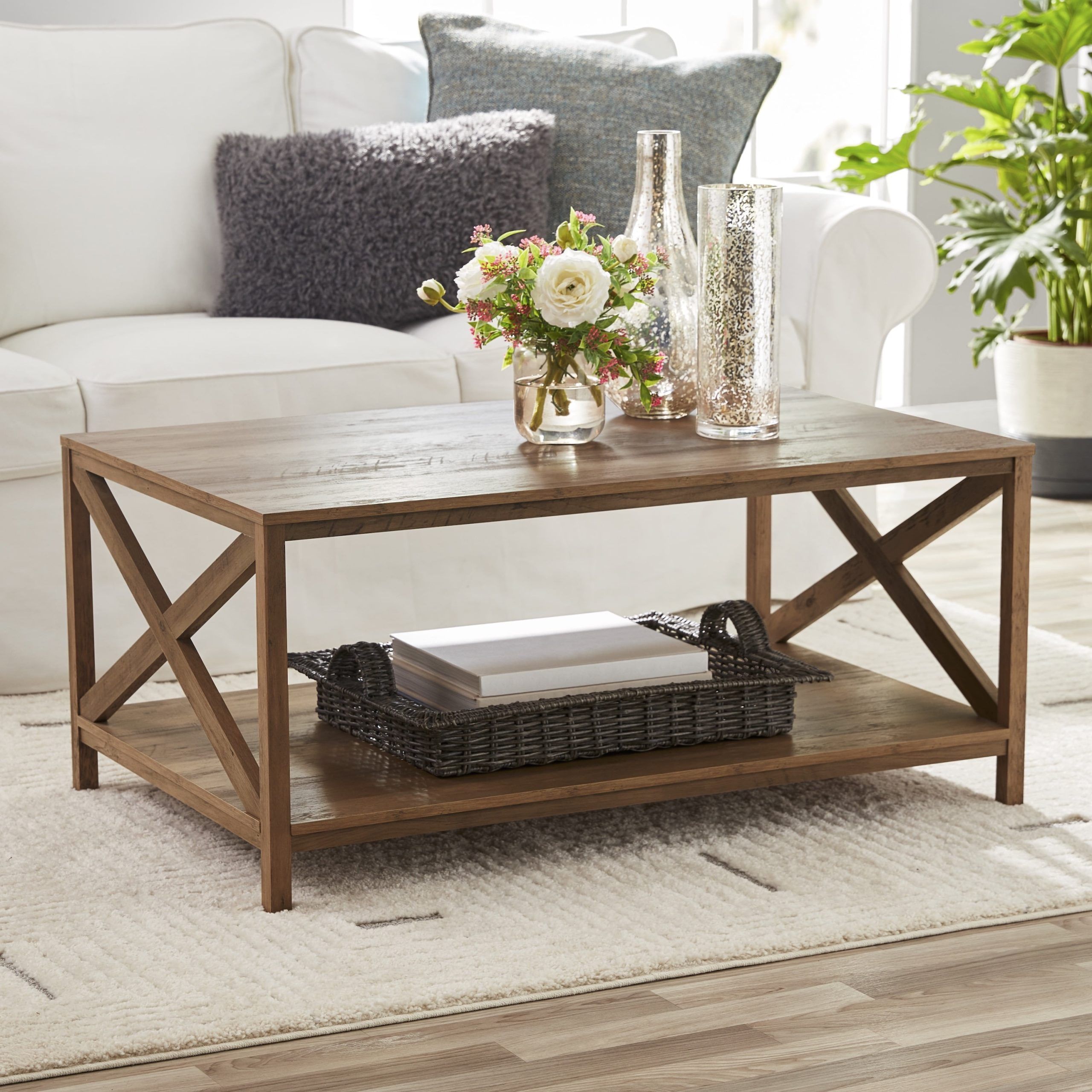 Farmhouse X Design Rectangle Coffee Table, Rustic Weathered Oak – Bed Bath  & Beyond – 36966361 Within Modern Wooden X Design Coffee Tables (View 8 of 15)