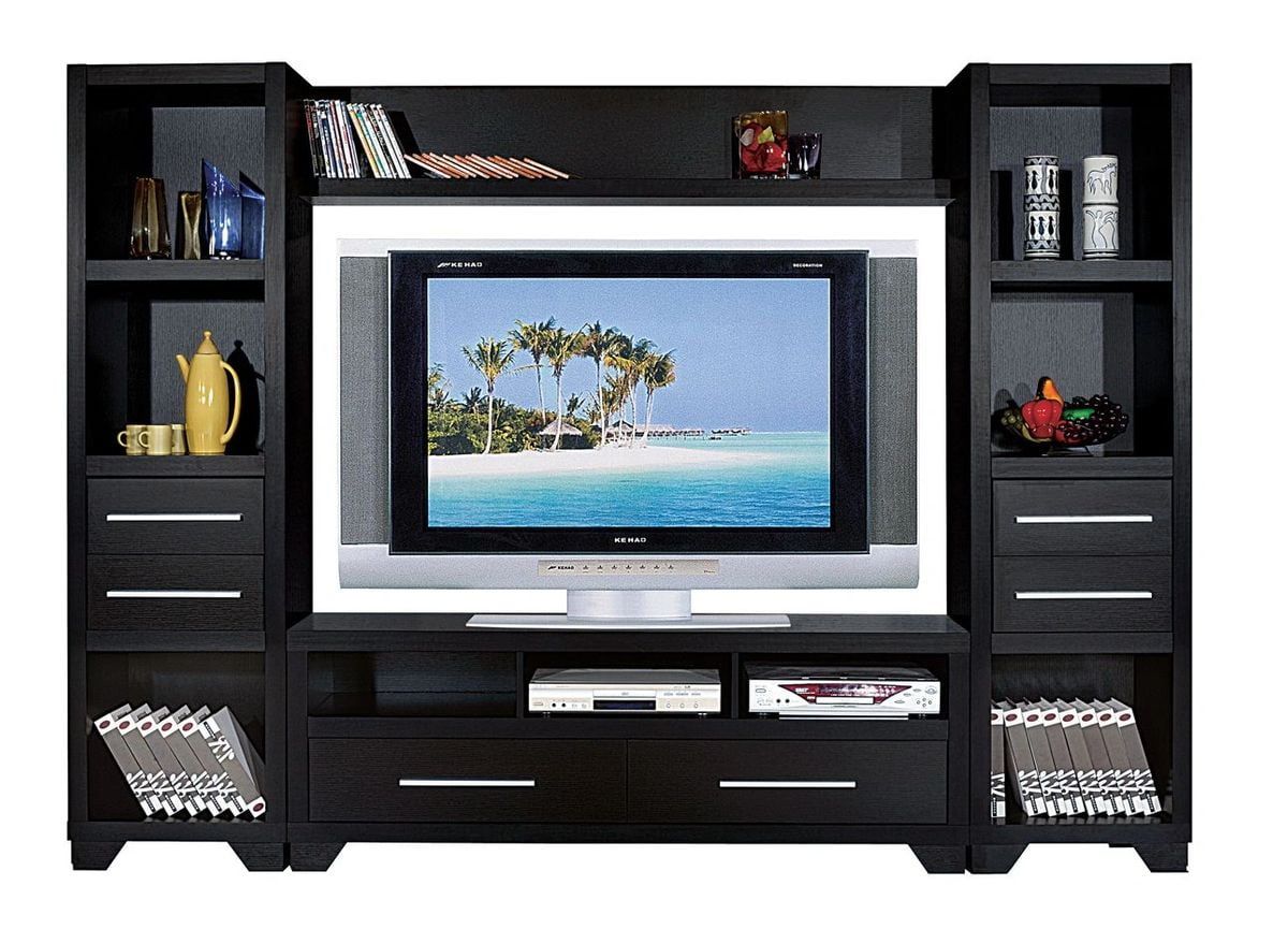Fc Design 4 Piece Entertainment Center With Tv Stand, 2 Media Tower, And  Bridge In Black Finish – Walmart With Entertainment Units With Bridge (View 14 of 15)