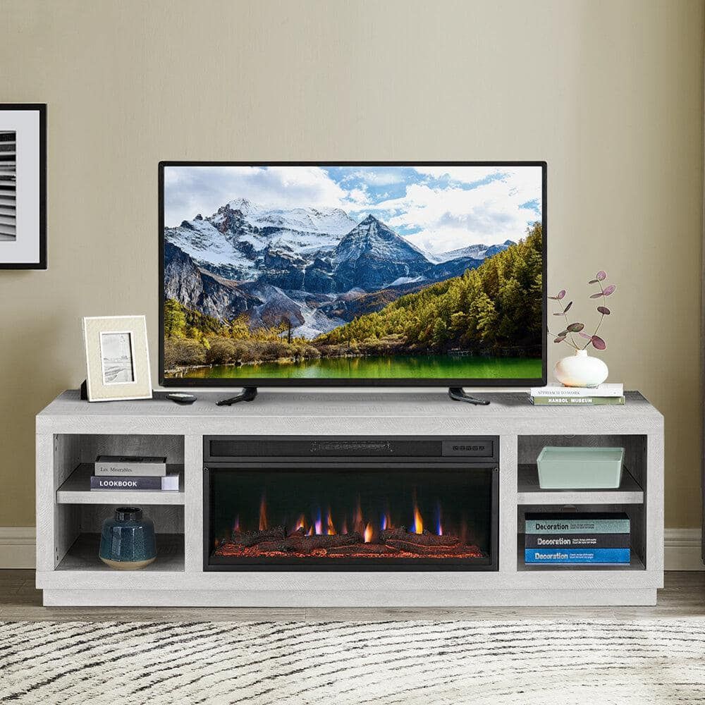 Festivo 77 In. Freestanding Electric Fireplace Tv Stand In Saw Cut Off  White Fts21220 – The Home Depot For Electric Fireplace Entertainment Centers (Photo 7 of 15)