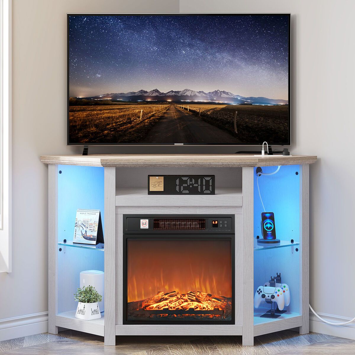 Fireplace Corner Tv Stand For Tvs Up To 55 Inch With Power Outlet And Led  Lights | Ebay Pertaining To Tv Stands With Led Lights & Power Outlet (View 15 of 15)