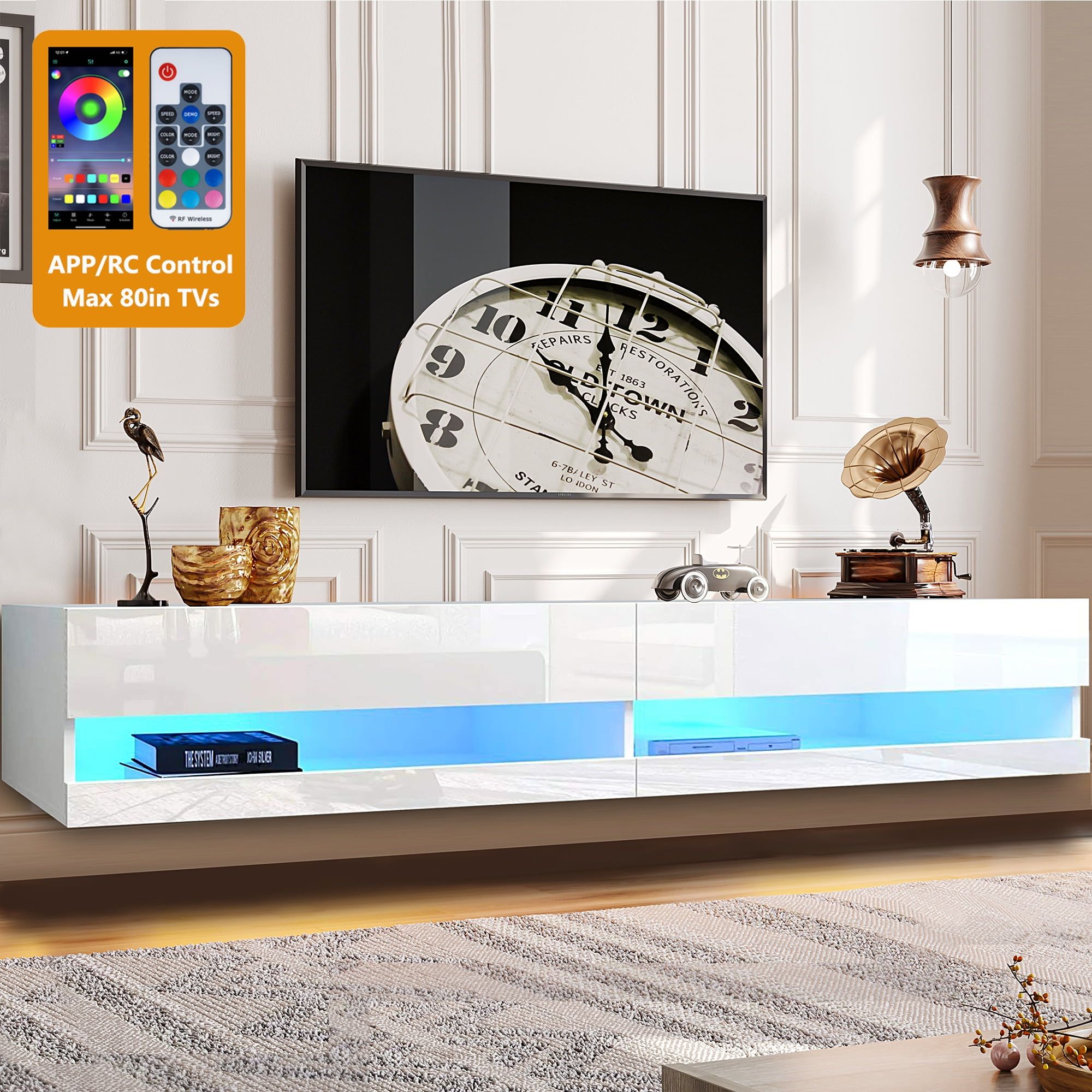 Floating Tv Stand For 80 Inch Tvs, Paproos Wall Mounted Floating  Entertainment Center With Lights App/Remote Control, Modern High Glossy  Floating Media Console For Living Room, White – Walmart In Wall Mounted Floating Tv Stands (View 9 of 15)