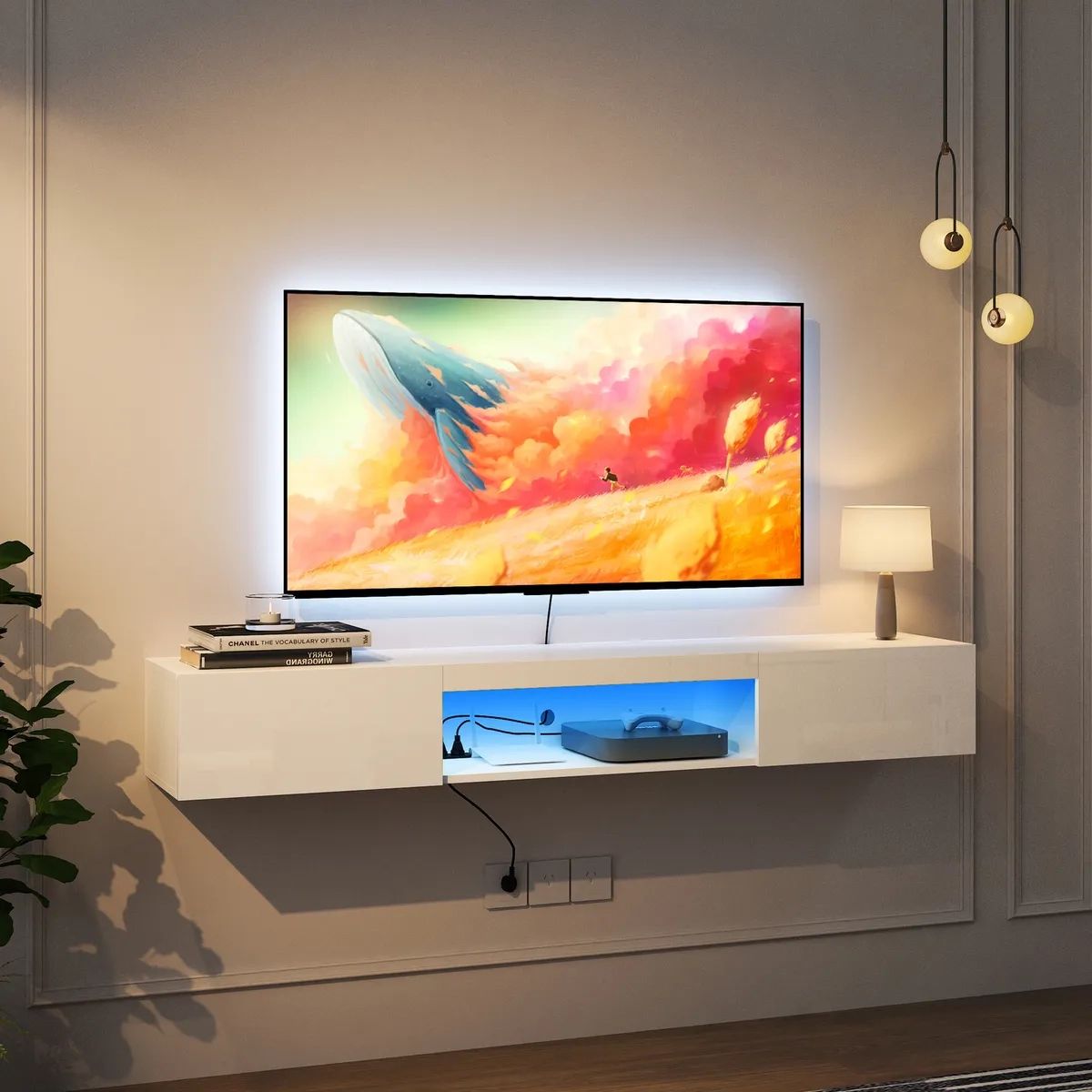 Floating Tv Stand With Led Lights & Power Outlets Wall Mounted For Tvs  Up To 65" | Ebay Pertaining To Tv Stands With Led Lights & Power Outlet (Photo 8 of 15)