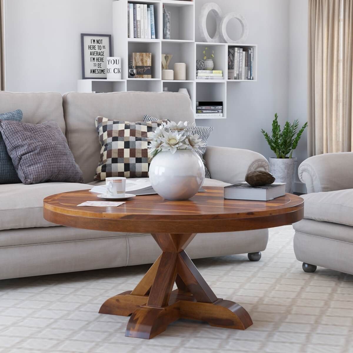 Floreo Rustic Solid Wood Cross Legged Round Coffee Table. Pertaining To Coffee Tables With Solid Legs (Photo 7 of 15)