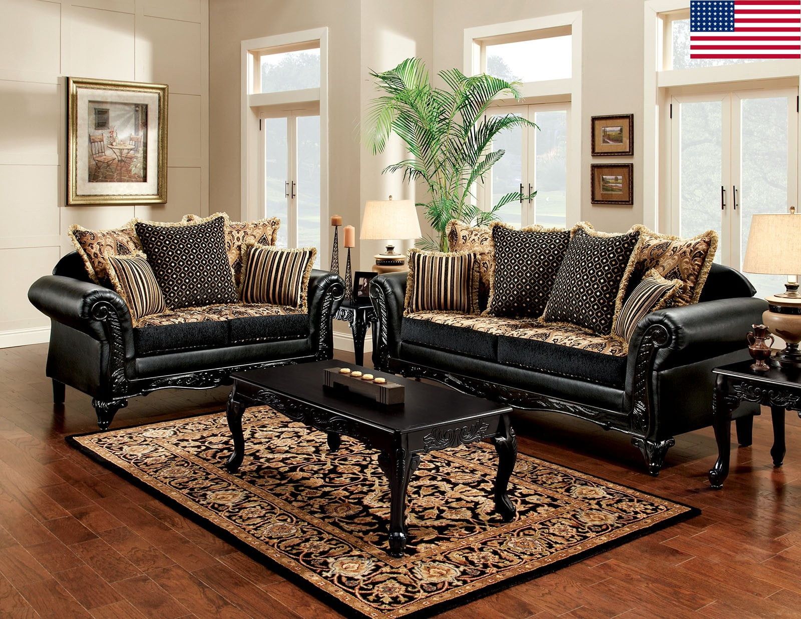Formal Traditional Living Room Sofa Loveseat Black Couch Pillows Chenille  Fabric Antique Rolled Arms Wood Trim Usa – Walmart For Traditional Black Fabric Sofas (View 11 of 15)