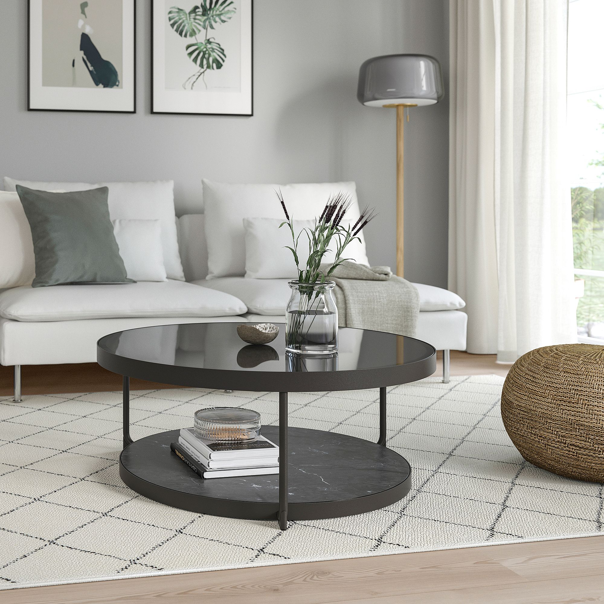 Frötorp Coffee Table Anthracite Marble Effect/Black Glass 88 Cm | Ikea  Lietuva Within Full Black Round Coffee Tables (Photo 6 of 15)