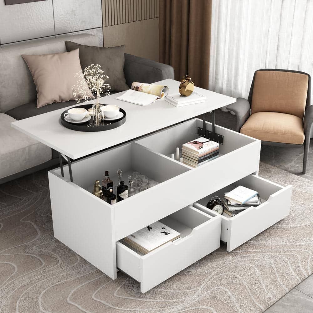 Fufu&Gaga 45.3 In. White Rectangle Mdf Wood Lift Top Coffee Table With  Hidden Storage Shelf And 2 Drawers Kf200019 01 – The Home Depot For Lift Top Coffee Tables With Shelves (Photo 3 of 15)