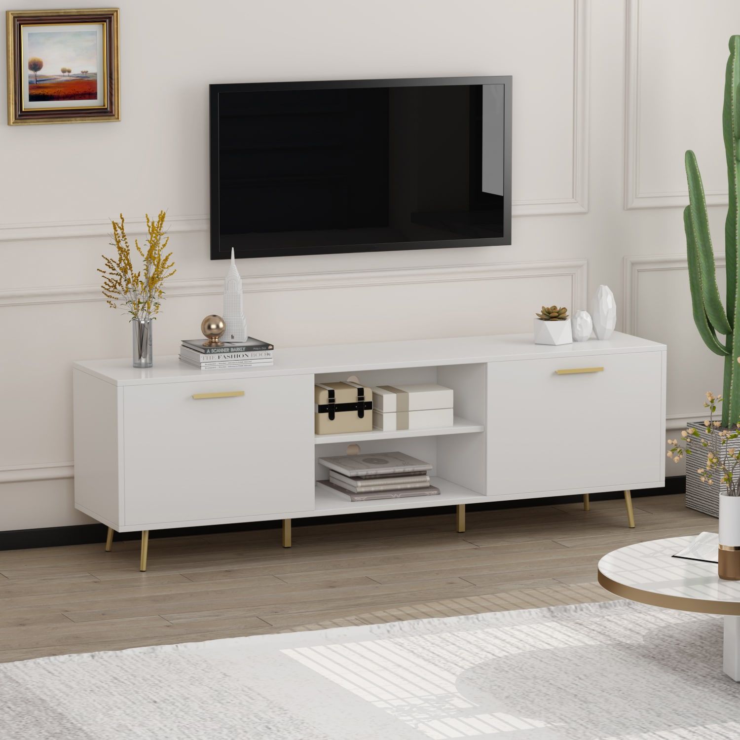 Fufu&Gaga Tv Cabinet Stand Modern/Contemporary White Tv Cabinet Integrated  Tv Mount (Accommodates Tvs Up To 70 In) In The Tv Stands Department At  Lowes With Regard To White Tv Stands Entertainment Center (View 6 of 15)