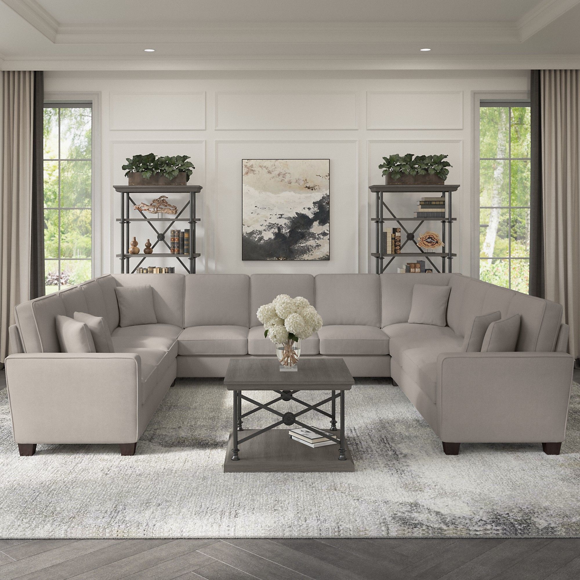Furniture Stockton 135W U Shaped Sectional Couch In Beige Herringbone Bush Throughout U Shaped Couches In Beige (Photo 1 of 15)