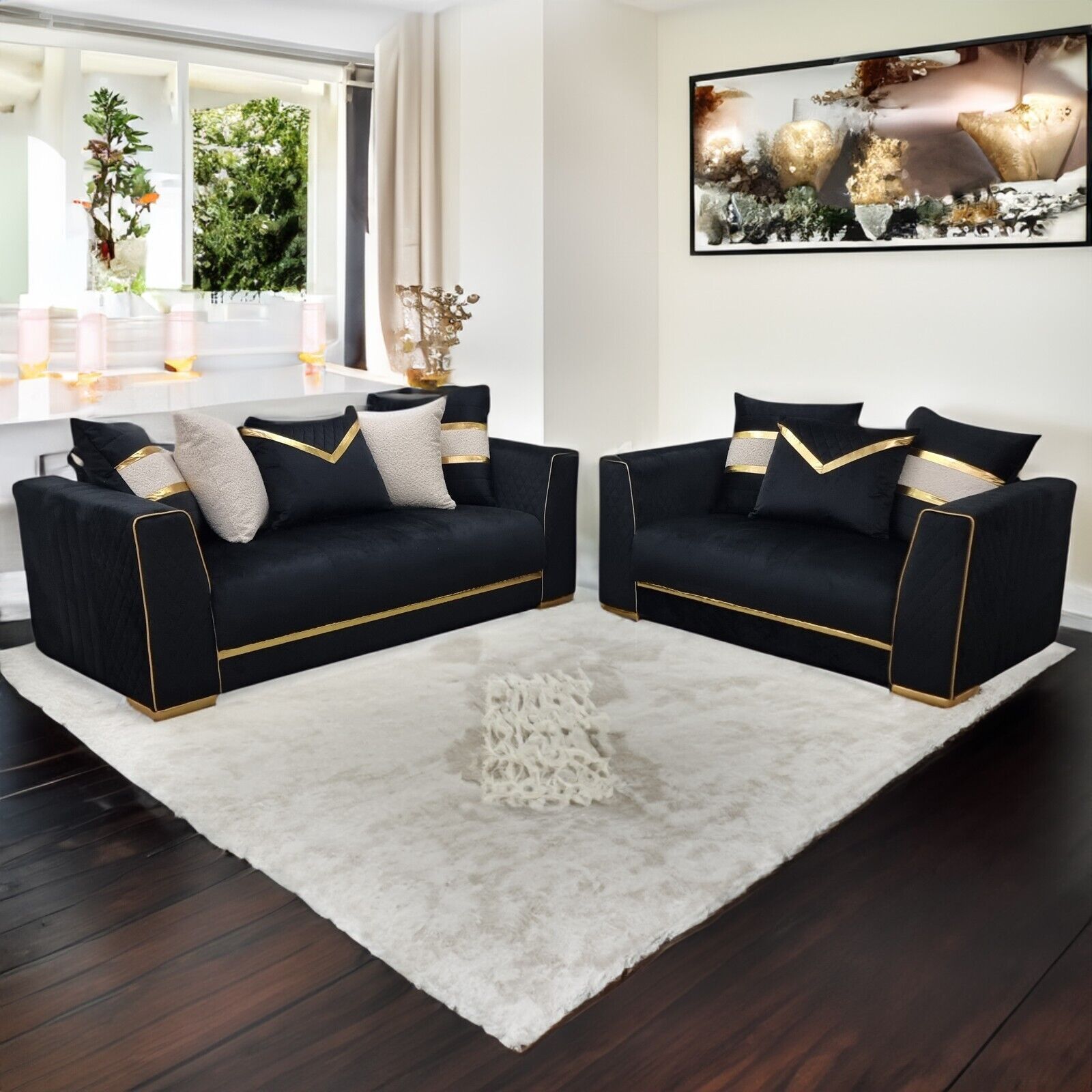 Furnituredw Empire 3 & 2 Seater Velvet Sofa Set Black & Gold For Living  Room | Ebay Regarding Sofas In Black (Photo 7 of 15)