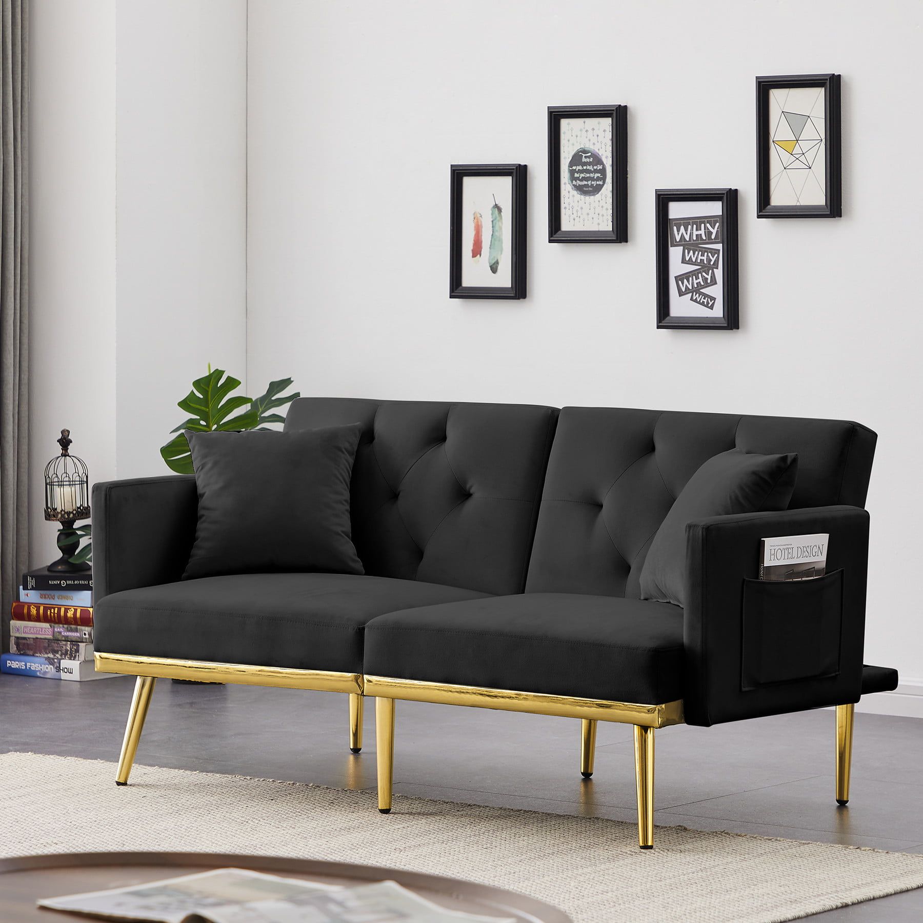 Futon Sofa Bed With 2 Pillows, 59" Modern Velvet Upholstered Convertible Sleeper  Sofa Loveseat Couch With Adjustable Backrest & Golden Metal Legs For Living  Room Bedroom Small Space, Green – Walmart Intended For 2 Seater Black Velvet Sofa Beds (Photo 4 of 15)