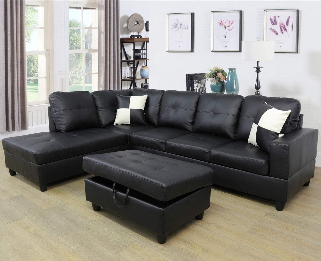 Gcf Faux Leather 3 Piece Sectional Sofa Couch Set, L Shaped Modern Sofa  With Chaise Storage Ottoman And Pillows For Living Room Furniture, Left  Hand Facing Sectional Sofa Set Black – Walmart For 3 Piece Leather Sectional Sofa Sets (View 2 of 15)