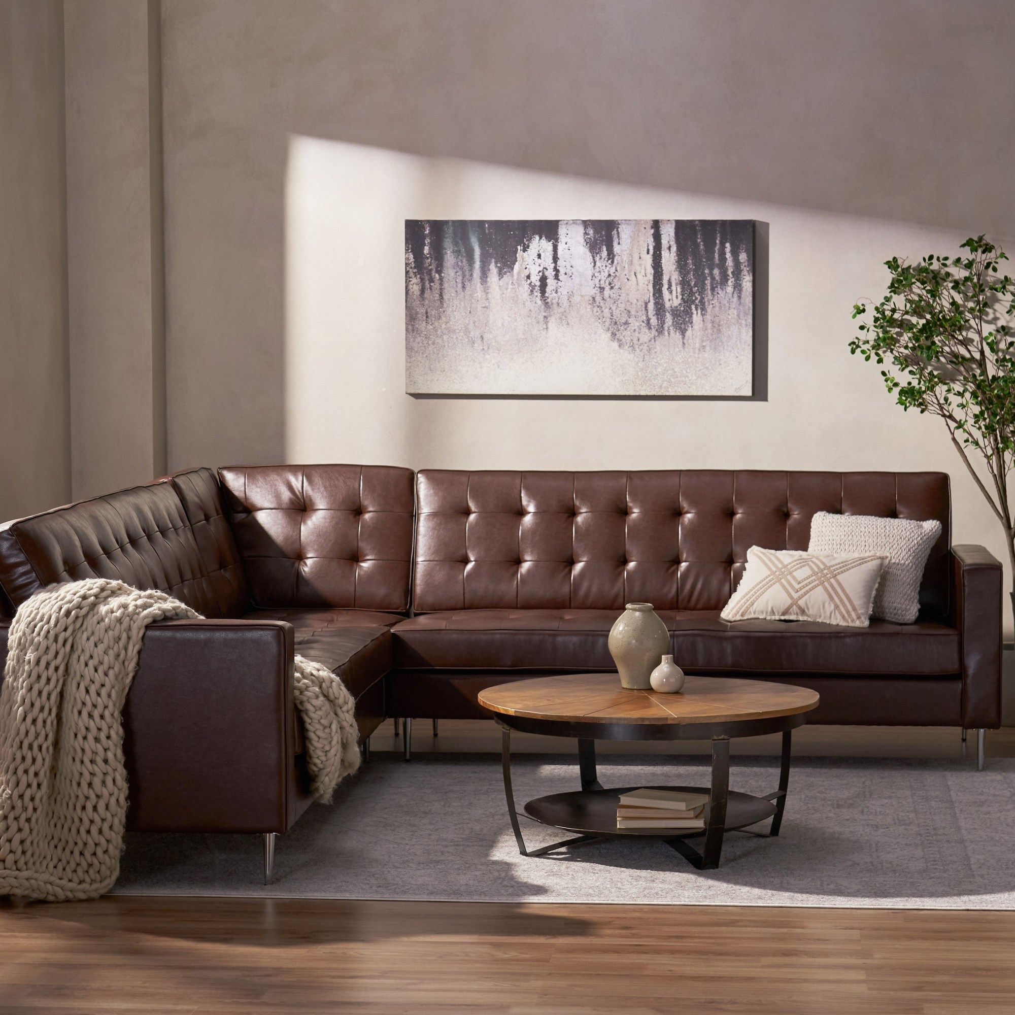 Gebo Contemporary Faux Leather Tufted 5 Seater Sectional Sofa Set, Dark  Brown And Chrome With Regard To Faux Leather Sectional Sofa Sets (View 4 of 15)