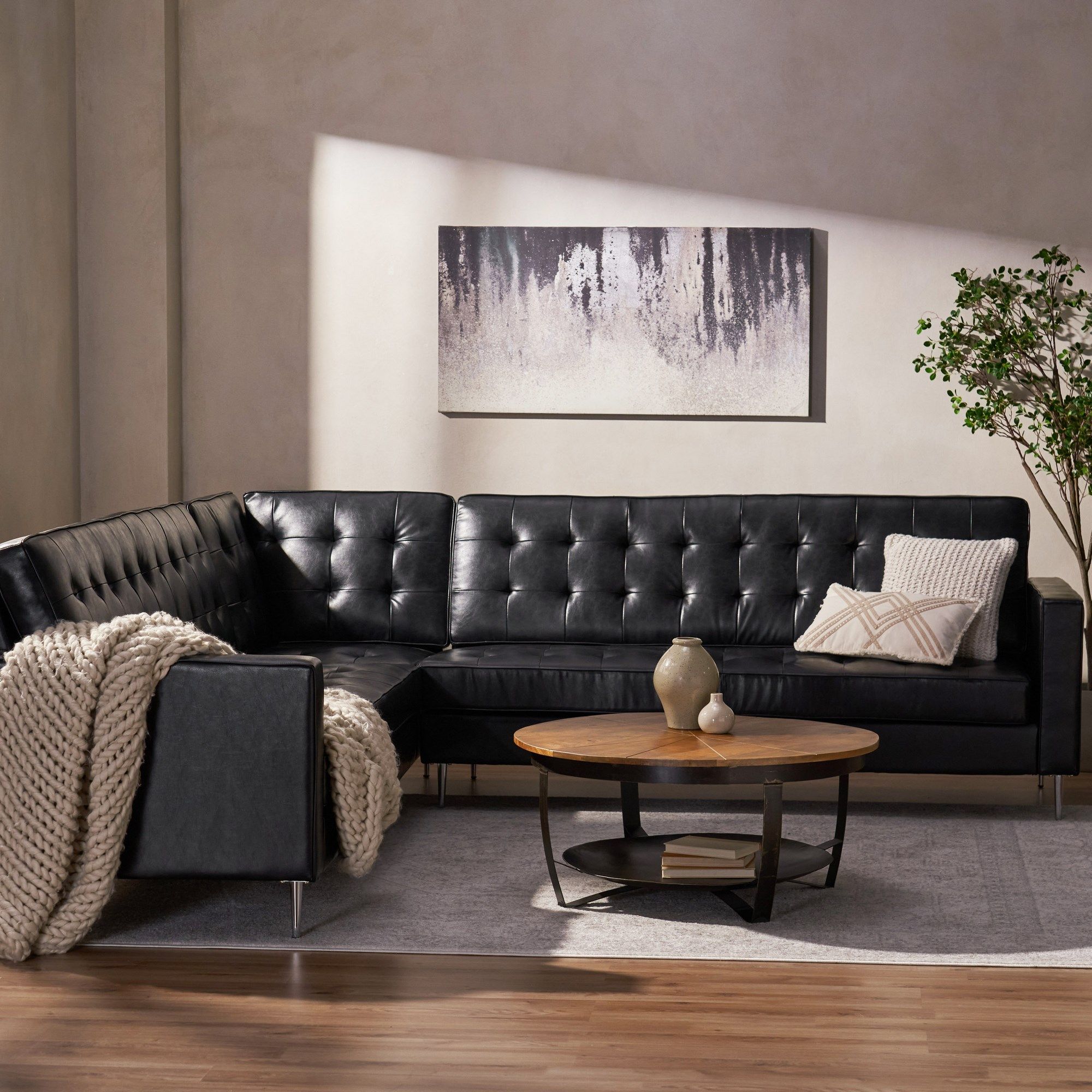Gebo Contemporary Faux Leather Tufted 5 Seater Sectional Sofa Set, Midnight  Black And Chrome Intended For Faux Leather Sectional Sofa Sets (Photo 11 of 15)