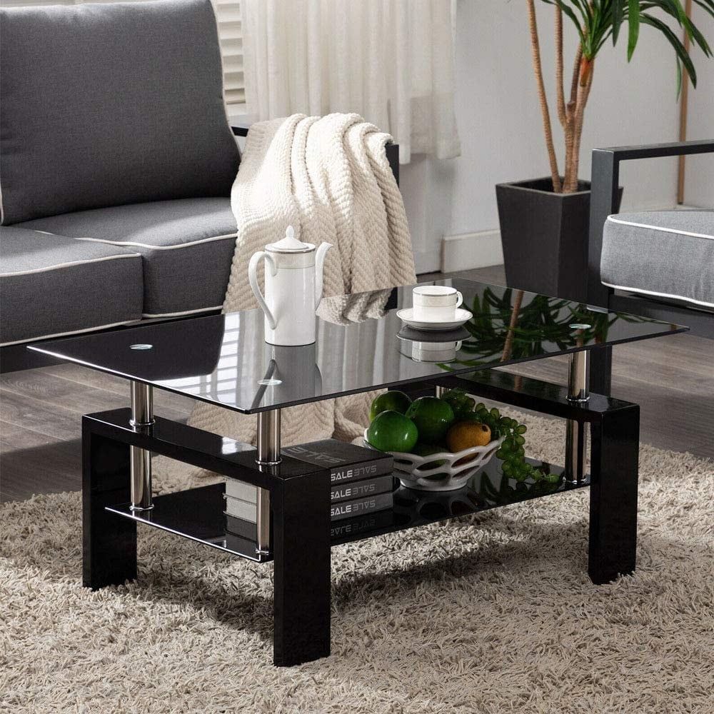 Glass Center Table, Black Rectangle Side Coffee Table With Lower Shelf,  Modern Coffee Table With Metal Legs, Rectangle Center Table Sofa Table For  Living Room, 39.37"X23.62"X17.7", L5507 – Walmart With Regard To Glass Coffee Tables With Lower Shelves (Photo 5 of 15)