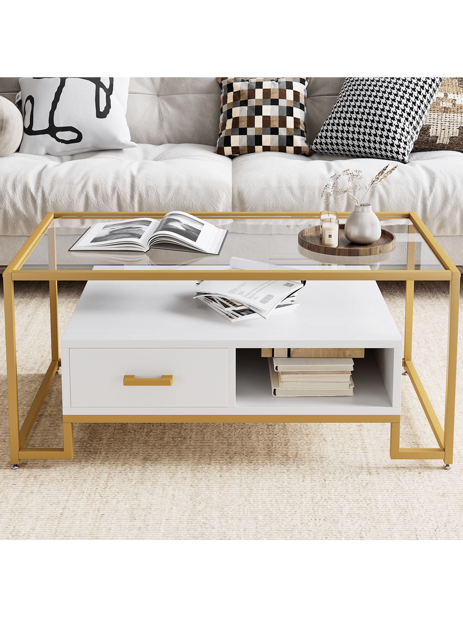 Glass Coffee Table With Drawer And Open Storage Shelf, Tempered Glass Top  And Metal Frame, Modern Simple Center Table For Home Living Room Apartment  Office | Shein Usa Inside Coffee Tables With Open Storage Shelves (Photo 13 of 15)