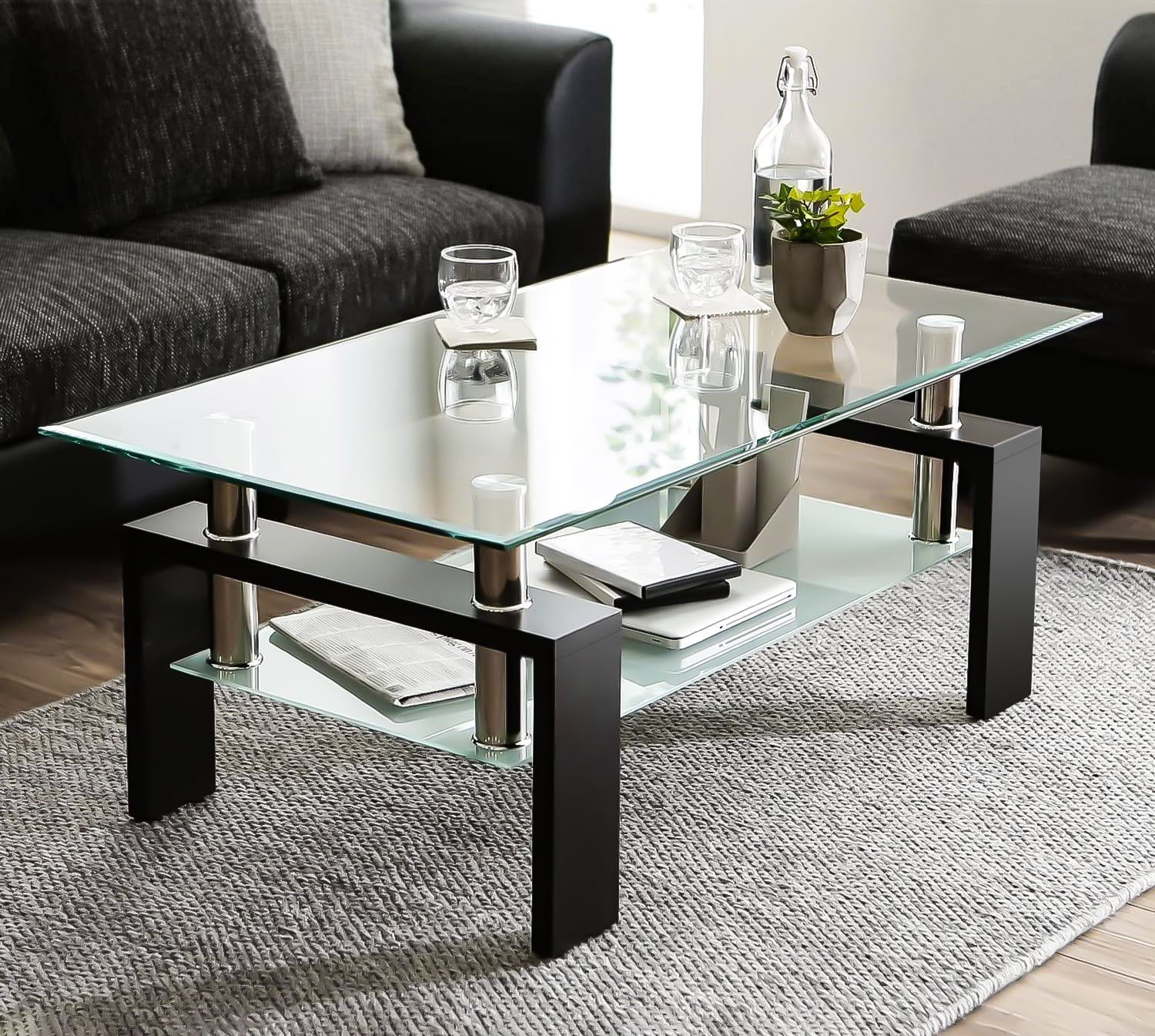 Glass Coffee Table With Lower Shelf, Clear Rectangle Glass Coffee Table,  Modern Coffee Table With Metal Legs, Rectangle Center Table Sofa Table Home  Furniture For Living Room, L5509 – Walmart For Clear Rectangle Center Coffee Tables (Photo 1 of 15)