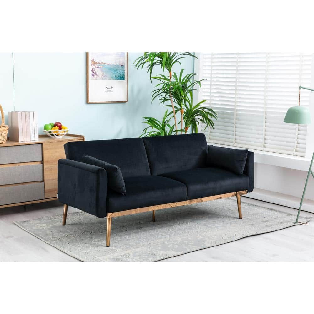 Gosalmon 68.5 In. Wide Black Velvet Twin Size Sofa Bed, Loveseat With Metal  Feet W39536203Nyy – The Home Depot Regarding Black Velvet 2 Seater Sofa Beds (Photo 8 of 15)