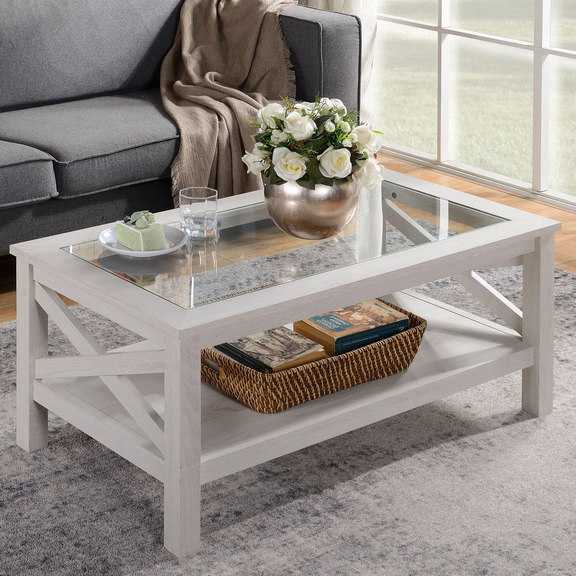 Gracie Oaks Espinet Coffee Table & Reviews | Wayfair Intended For Wood Tempered Glass Top Coffee Tables (Photo 1 of 15)