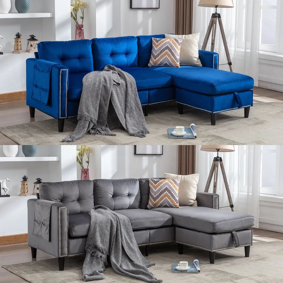 Gray/Blue Velvet L Shape Convertible Sofa Couch Reversible Chaise W/  Storage,Usb | Ebay Intended For L Shape Couches With Reversible Chaises (Photo 9 of 15)
