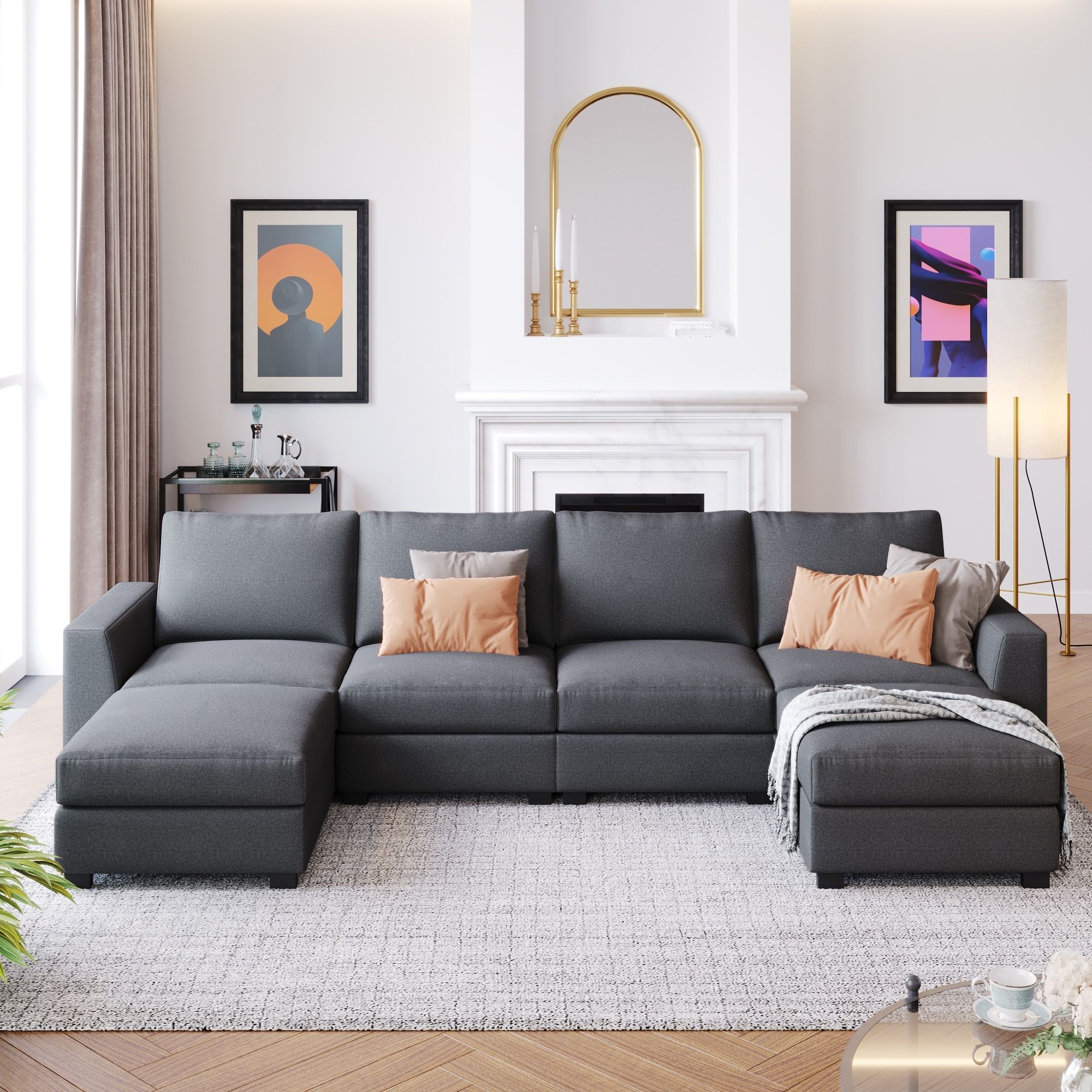 Gray Polyester U Shaped Sectional Sofa With Removable Ottomans And  Convertible Design, Seats 6 Comfortably – Bed Bath & Beyond – 38344478 Pertaining To Modern U Shape Sectional Sofas In Gray (Photo 1 of 15)