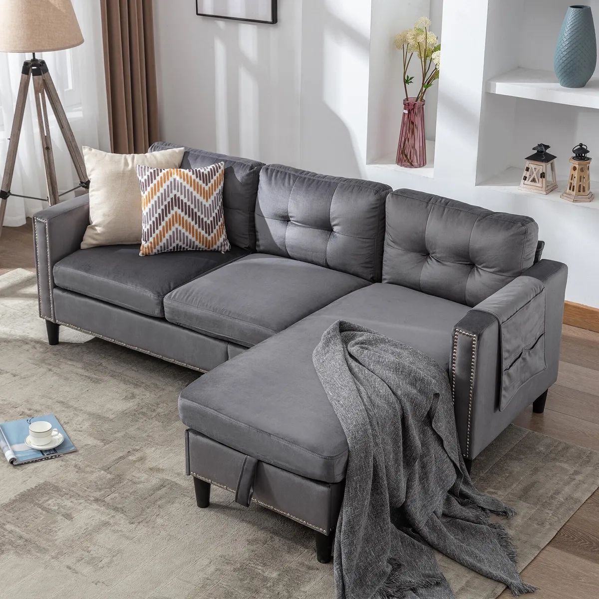 Gray Velvet L Shape Convertible Sofa Couch Reversible Chaise With Storage,  Usb | Ebay Regarding L Shape Couches With Reversible Chaises (Photo 14 of 15)