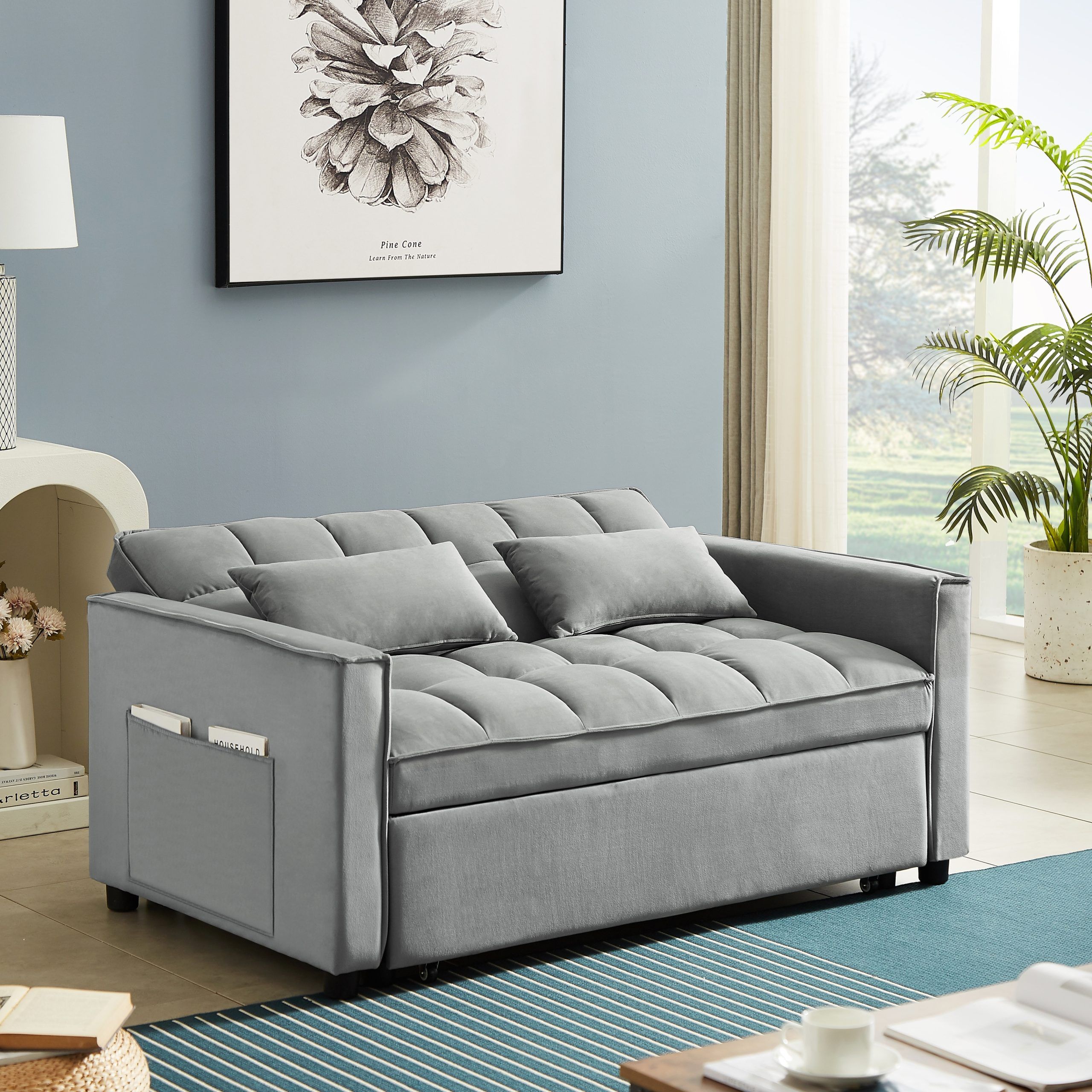 Grey Velvet Convertible Loveseat Sleeper Sofa – Bed Bath & Beyond – 39637982 Throughout Convertible Gray Loveseat Sleepers (View 7 of 15)