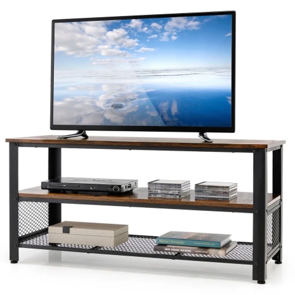 Gymax 3 Tier Industrial Tv Stand Entertainment Media Center Console W/  Metal Mesh Shelf | Scarborough Town Centre Regarding Tier Stands For Tvs (Photo 12 of 15)