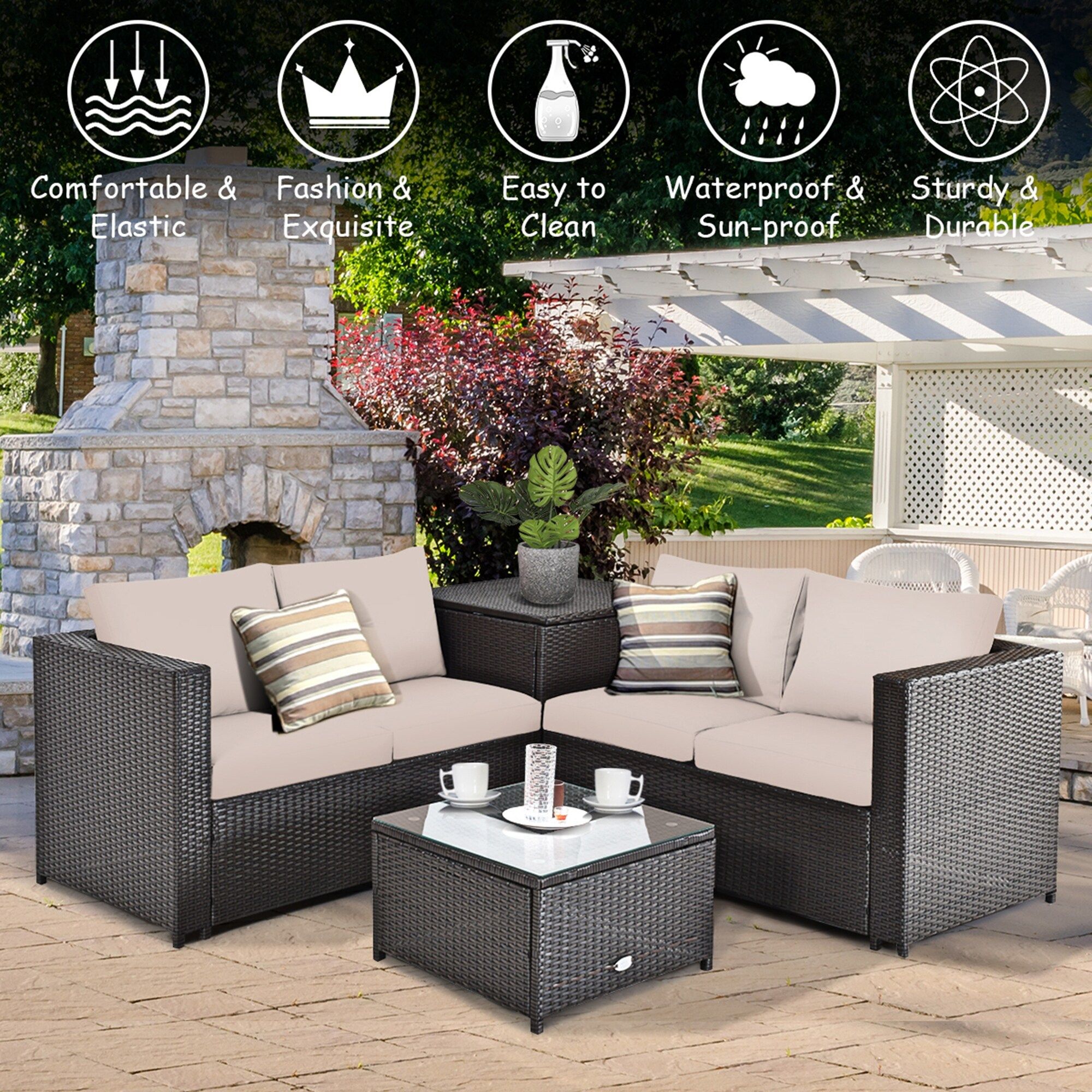 Gymax 4Pcs Cushioned Rattan Patio Conversation Set W/ Coffee Table – On  Sale – Bed Bath & Beyond – 35488757 In 4Pcs Rattan Patio Coffee Tables (Photo 4 of 15)