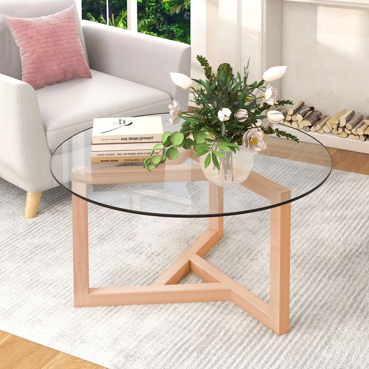 Habitrio Modern Round Glass Coffee Table Wood Base Furniture Living Room  Side | Ebay In Wood Tempered Glass Top Coffee Tables (View 4 of 15)