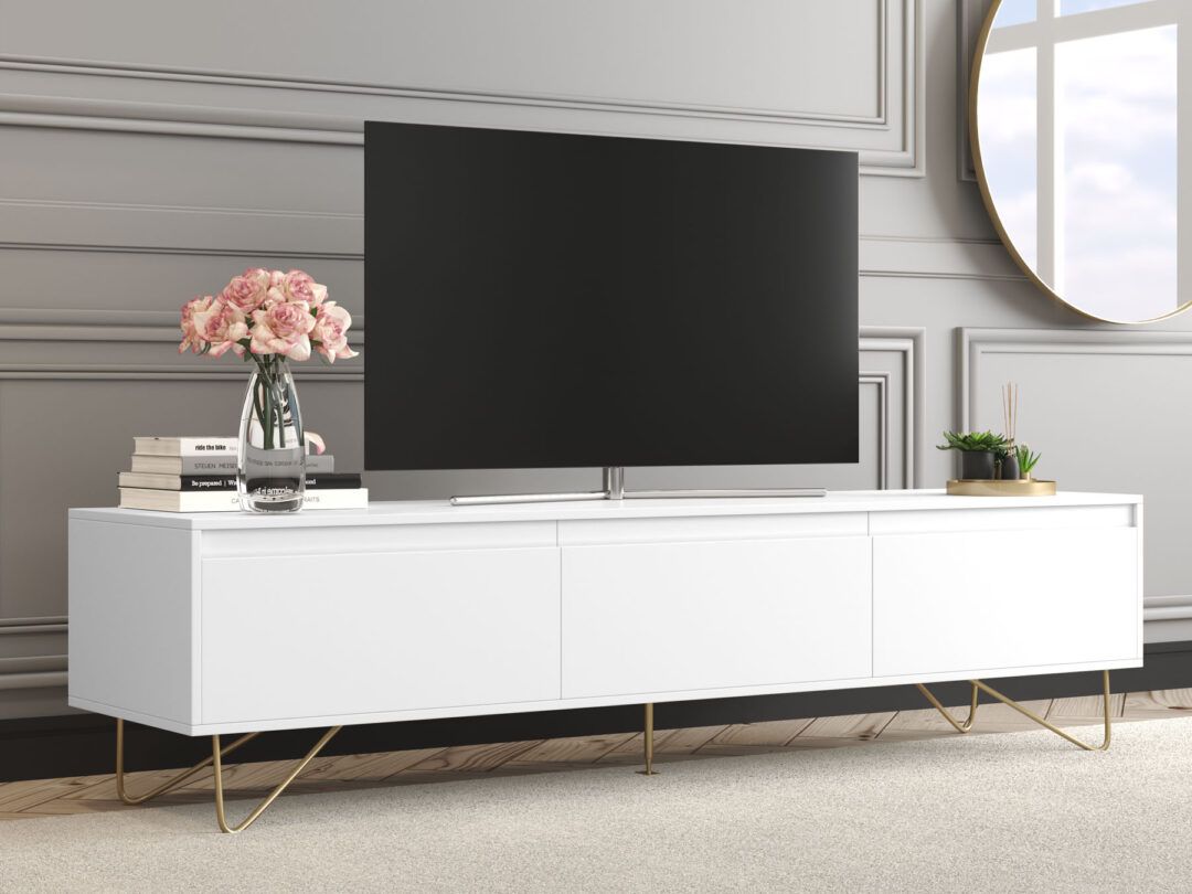 Hairpin Tv Stand 3 Drawer Stylo Satin White – Furniturespot Within White Tv Stands Entertainment Center (Photo 8 of 15)