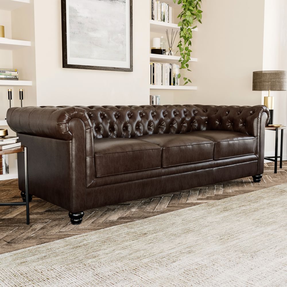 Hampton 3 Seater Chesterfield Sofa, Antique Chestnut Classic Faux Leather  Only £699.99 | Furniture And Choice With Traditional 3 Seater Faux Leather Sofas (Photo 2 of 15)
