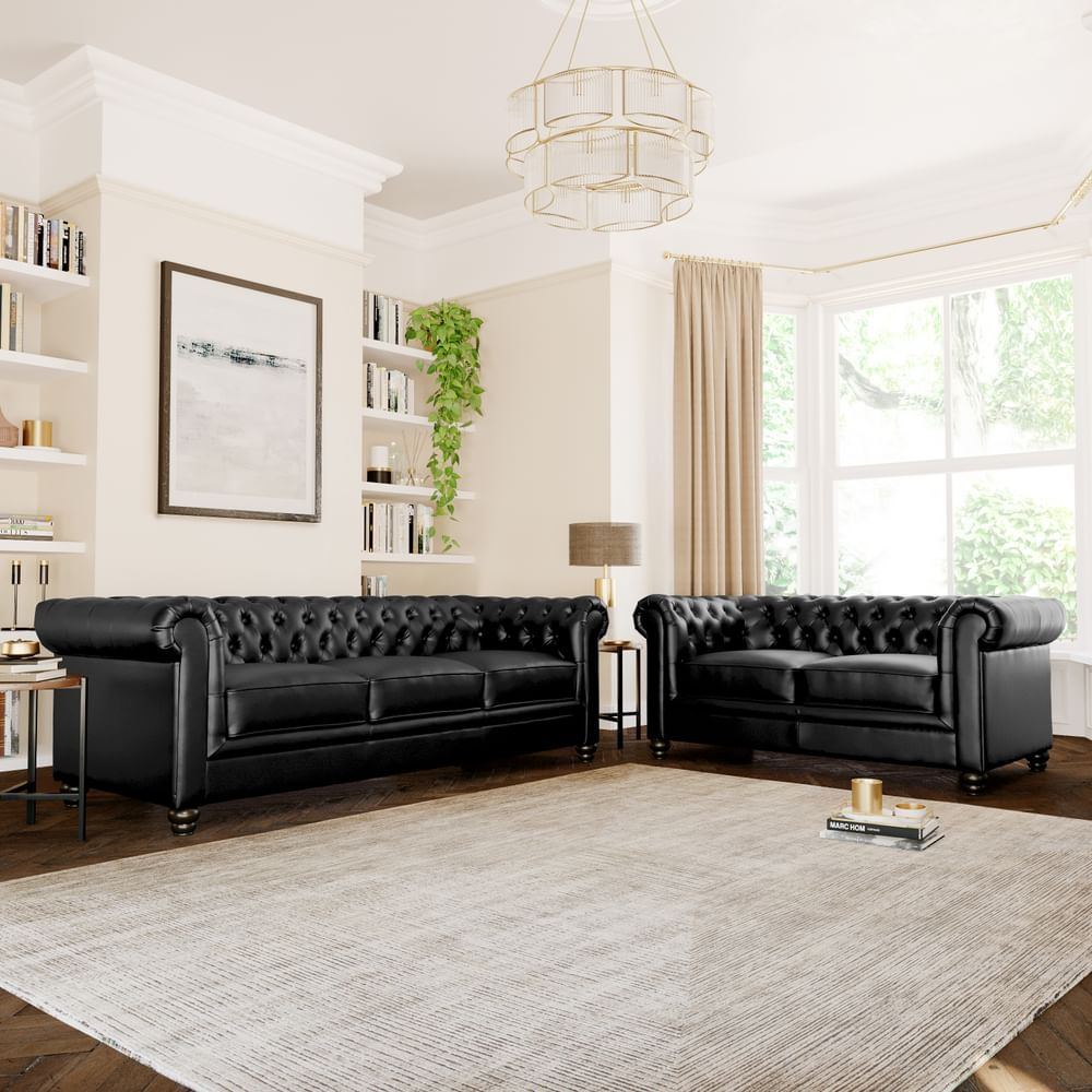 Hampton 3+2 Seater Chesterfield Sofa Set, Black Classic Faux Leather Only  £ (View 9 of 15)