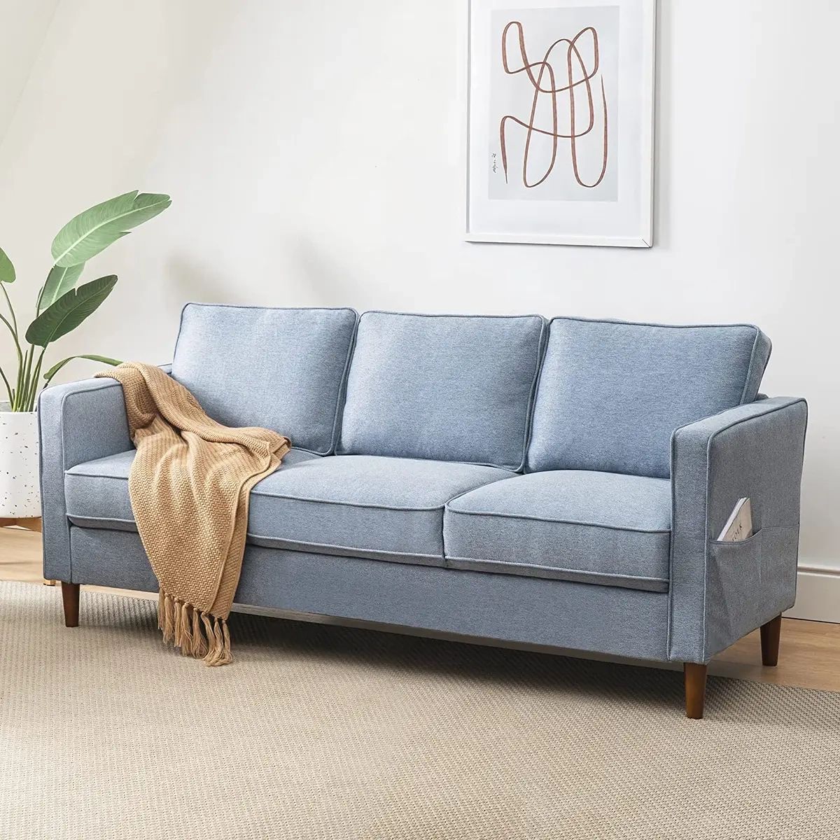 Hana Modern Linen Fabric Loveseat/Sofa/Couch With Armrest Pockets, Dusty  Blue | Ebay With Modern Blue Linen Sofas (View 4 of 15)