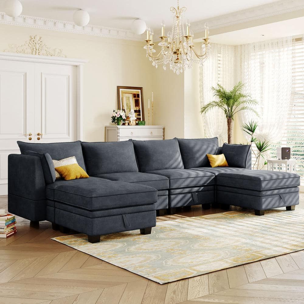 Harper & Bright Designs 115 In. W Flared Arm 6 Piece Linen U Shape Modern Sectional  Sofa In Dark Gray With Storage Wyt109Aad – The Home Depot Pertaining To Dark Gray Sectional Sofas (Photo 15 of 15)