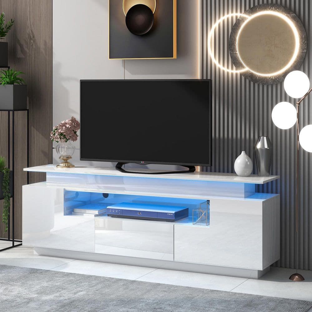 Harper & Bright Designs Stylish 67 In. White Tv Stand With Cabints, Drawer  And Shelf Fits Tv'S Up To 75 In. With Color Changing Led Lights Lxy010Aak –  The Home Depot In Dual Use Storage Cabinet Tv Stands (Photo 10 of 15)