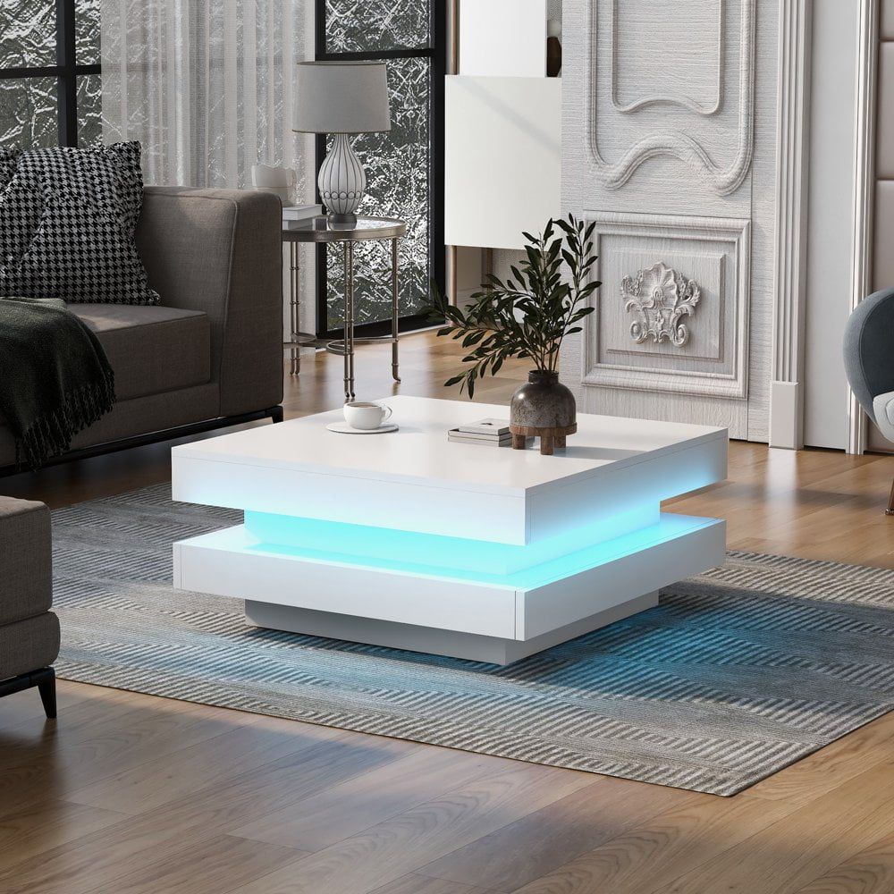 Hassch Modern Coffee Table With Led Lights, Minimalist Square Cocktail Table  For Living Room, White – Walmart Within Hassch Modern Square Cocktail Tables (View 4 of 15)