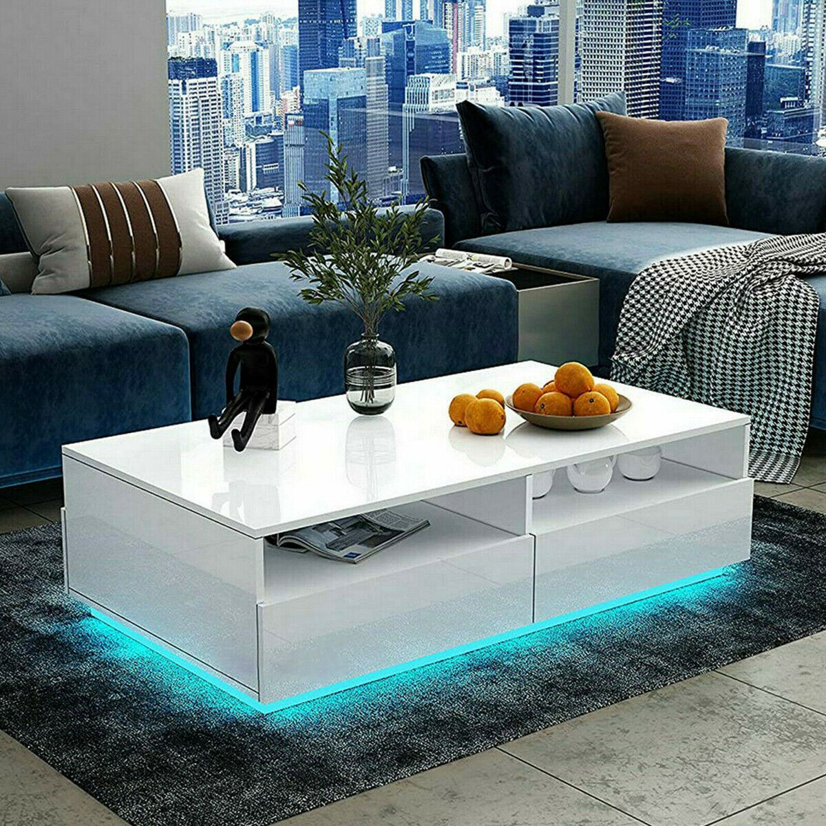 High Gloss 16 Colors Led Light Coffee Table W/ 4 Drawers Living Room Modern  | Ebay In Led Coffee Tables With 4 Drawers (Photo 5 of 15)