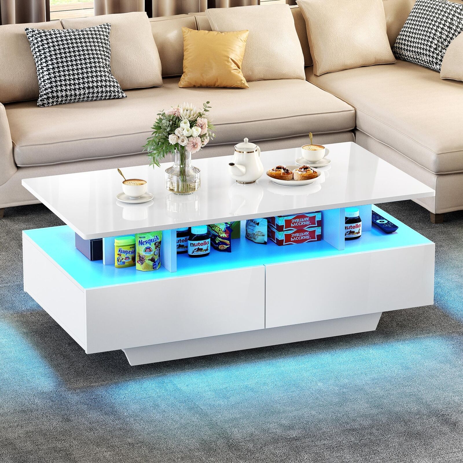 High Gloss Coffee Table Center Cocktail Table With Led Lights & Sliding  Drawers | Ebay In Coffee Tables With Drawers And Led Lights (Photo 2 of 15)