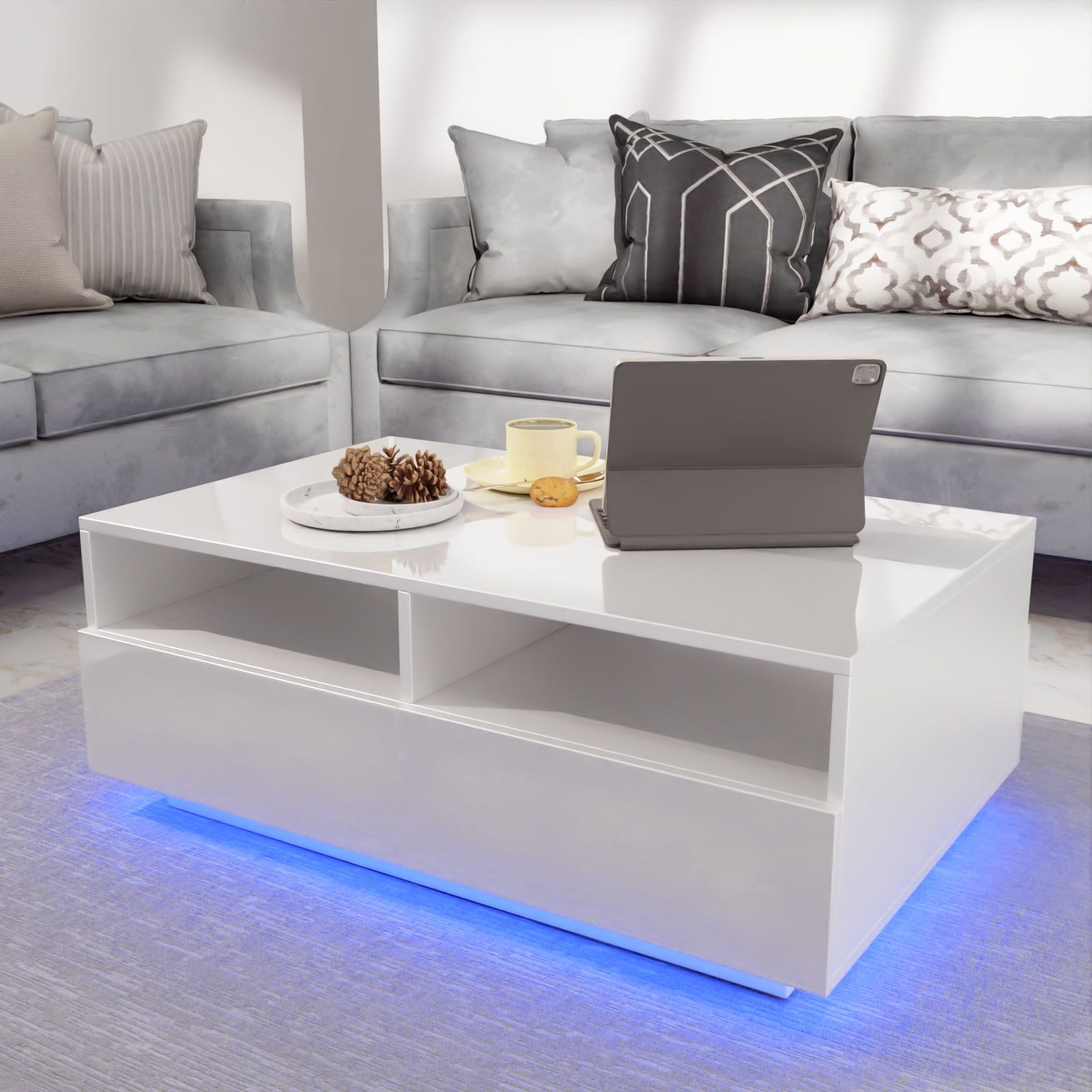High Gloss Led Coffee Table Modern Center Tea Table With Adjustable Led  Light And Storage 35.4 X 21.7 X 13.8 Inches – Walmart Within Coffee Tables With Led Lights (Photo 11 of 15)