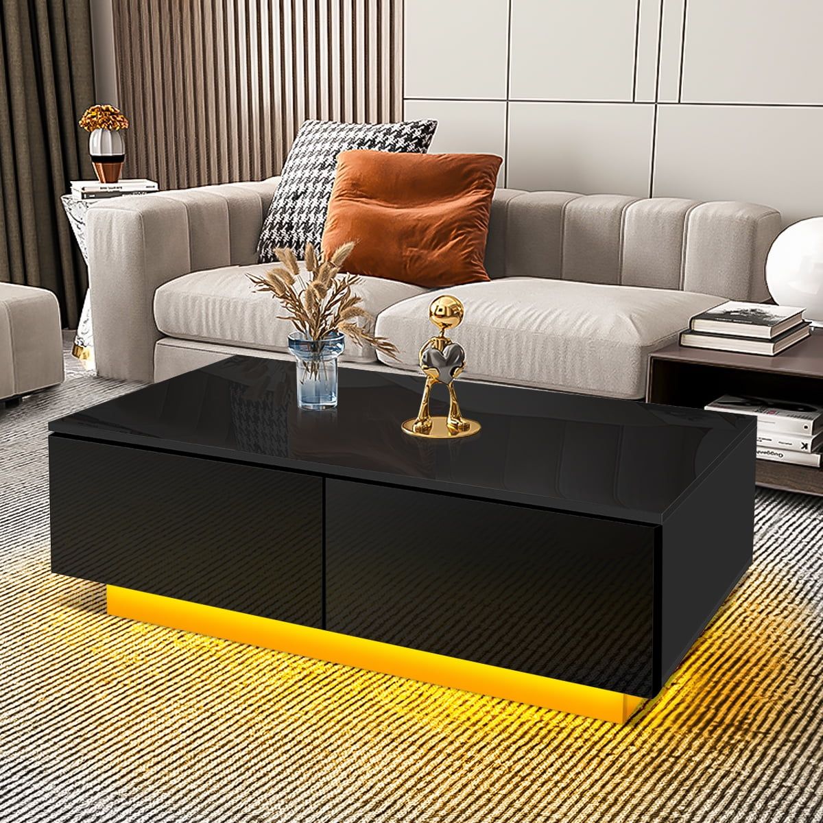 High Gloss Rectangle Coffee Table Led Cocktail Tables With 4 Storage Drawers  Modern Center Tea Table For Living Room – Walmart With Led Coffee Tables With 4 Drawers (View 11 of 15)