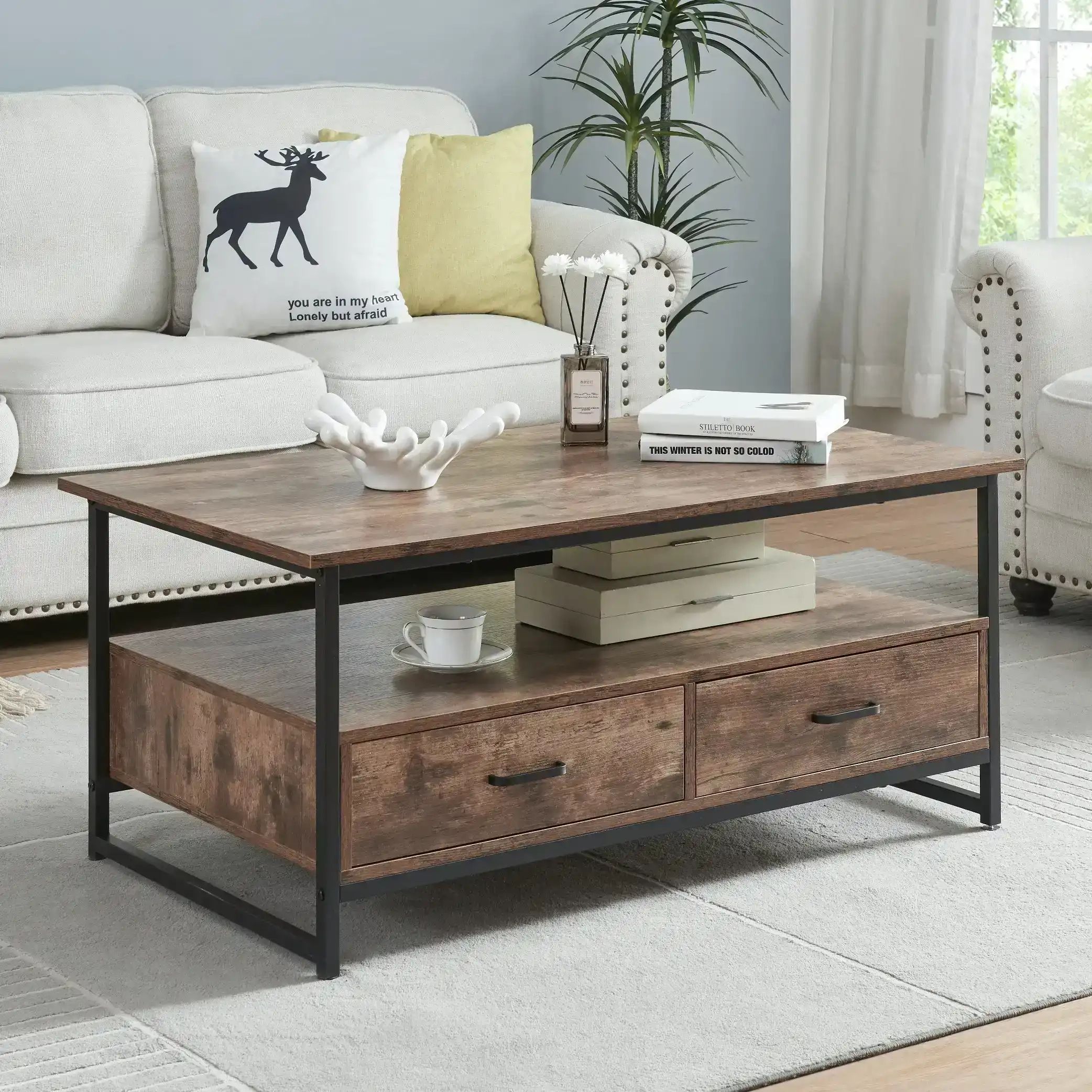 Hliving Rectangular Farmhouse Coffee Table With Open Storage Shelves And 2  Drawers,Rustic Brown | C&P Decoway | Lasoo With Coffee Tables With Open Storage Shelves (Photo 3 of 15)