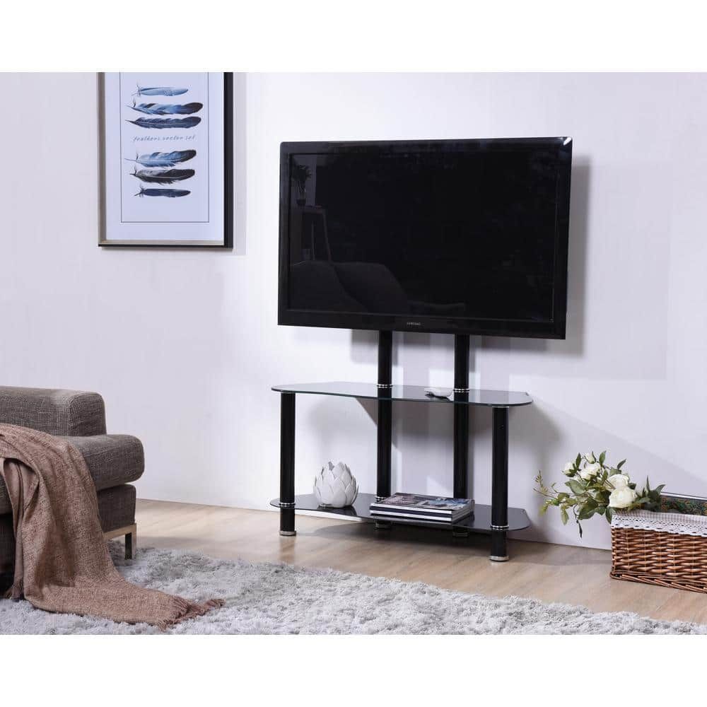 Hodedah 35 In. Black Glass Tv Stand Fits Tvs Up To 55 In. With Cable  Management Hitv104 – The Home Depot For Romain Stands For Tvs (Photo 7 of 15)
