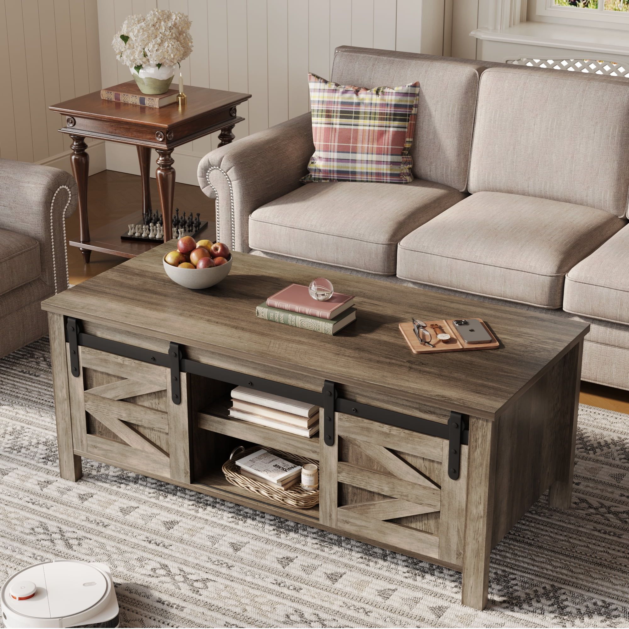 Homall Farmhouse Coffee Table Rustic Wooden Center Rectangular Table With Sliding  Barn Doors, Adjustable Cabinet Shelves For Bedroom, Home Office, Living  Room, Gray – Walmart Regarding Coffee Tables With Sliding Barn Doors (View 12 of 15)