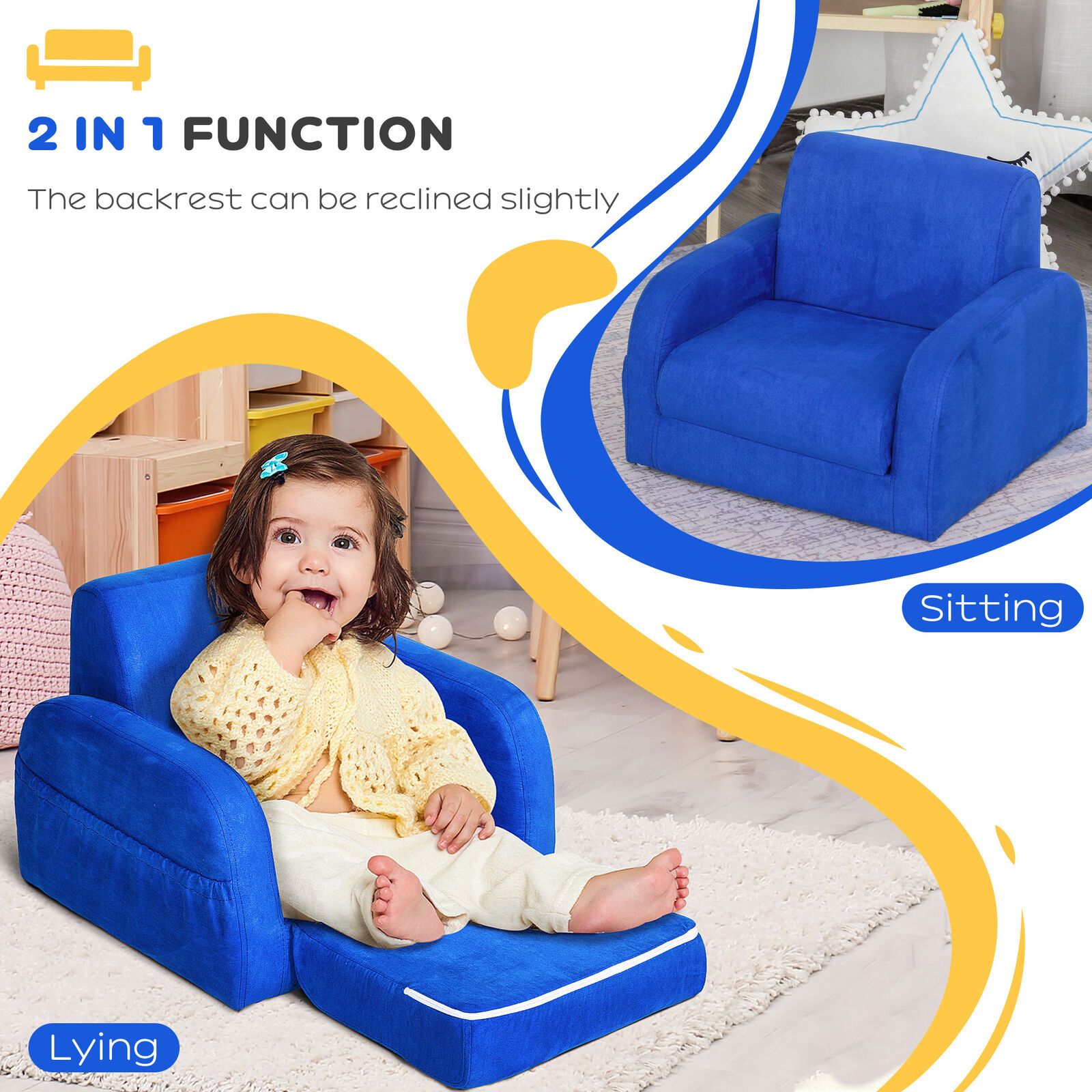 Homcom 2 In 1 Kids Armchair Sofa Bed Fold Out Padded Wood Frame Bedroom  Blue | Ebay For 2 In 1 Foldable Children'S Sofa Beds (View 4 of 15)